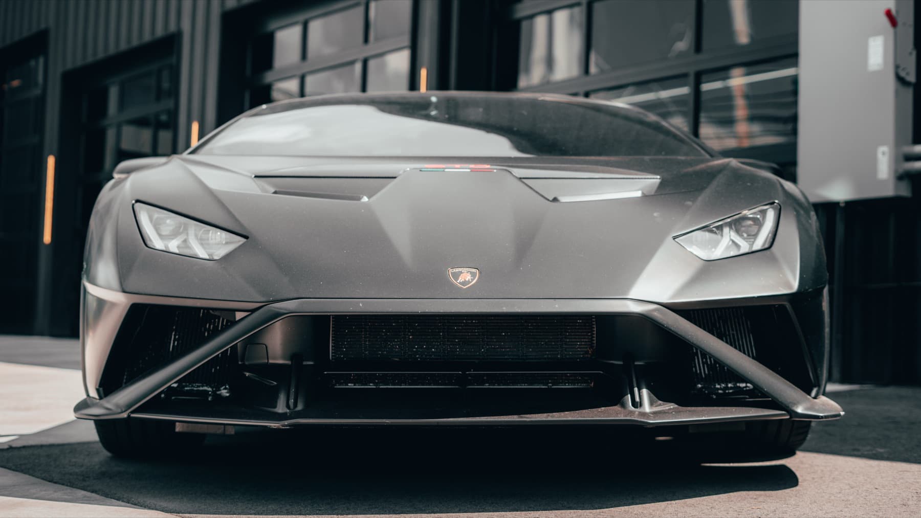 Front of a grey Lamborghini Huracán STO