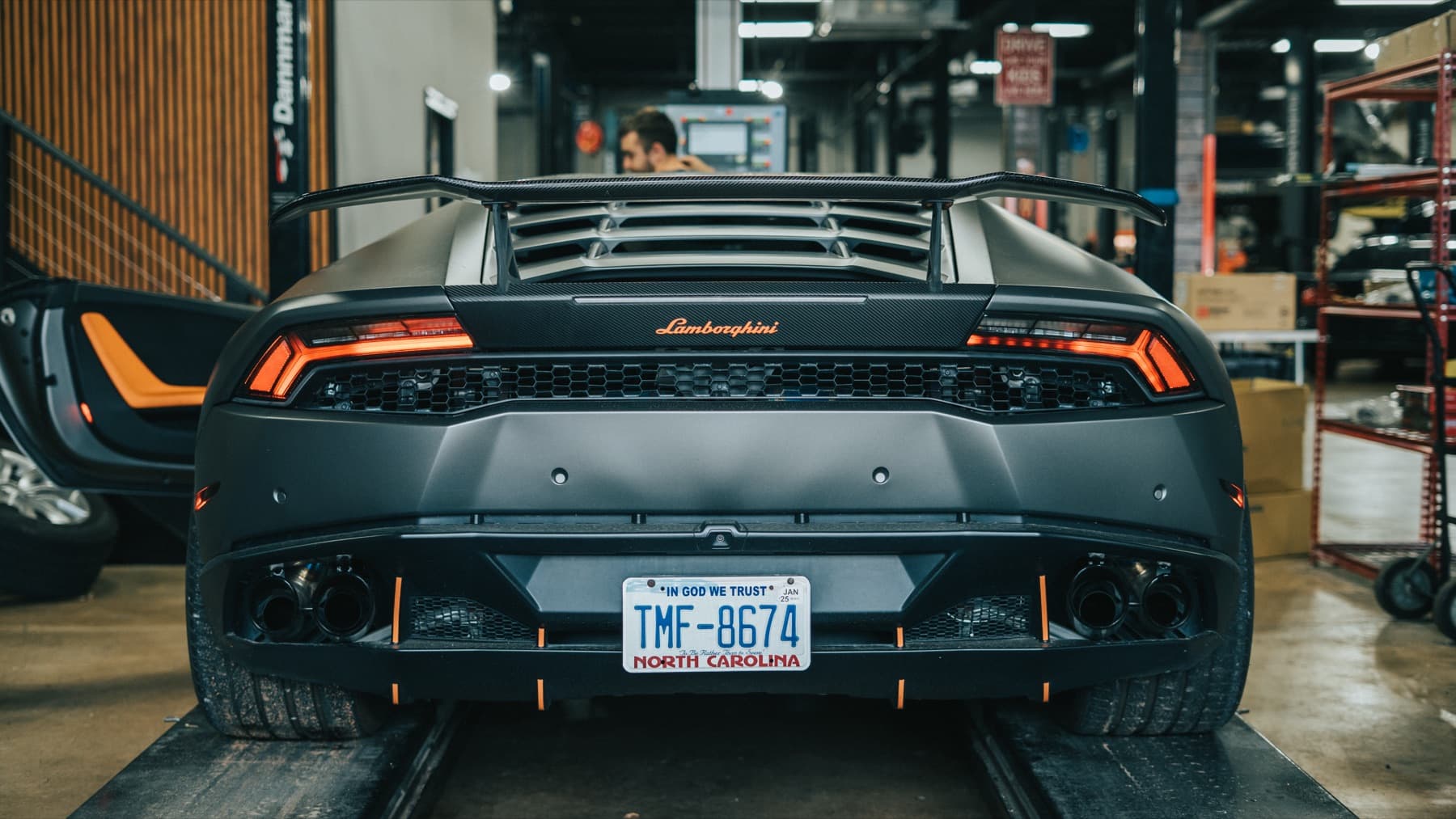 Rear of a grey Lamborghini Huracán