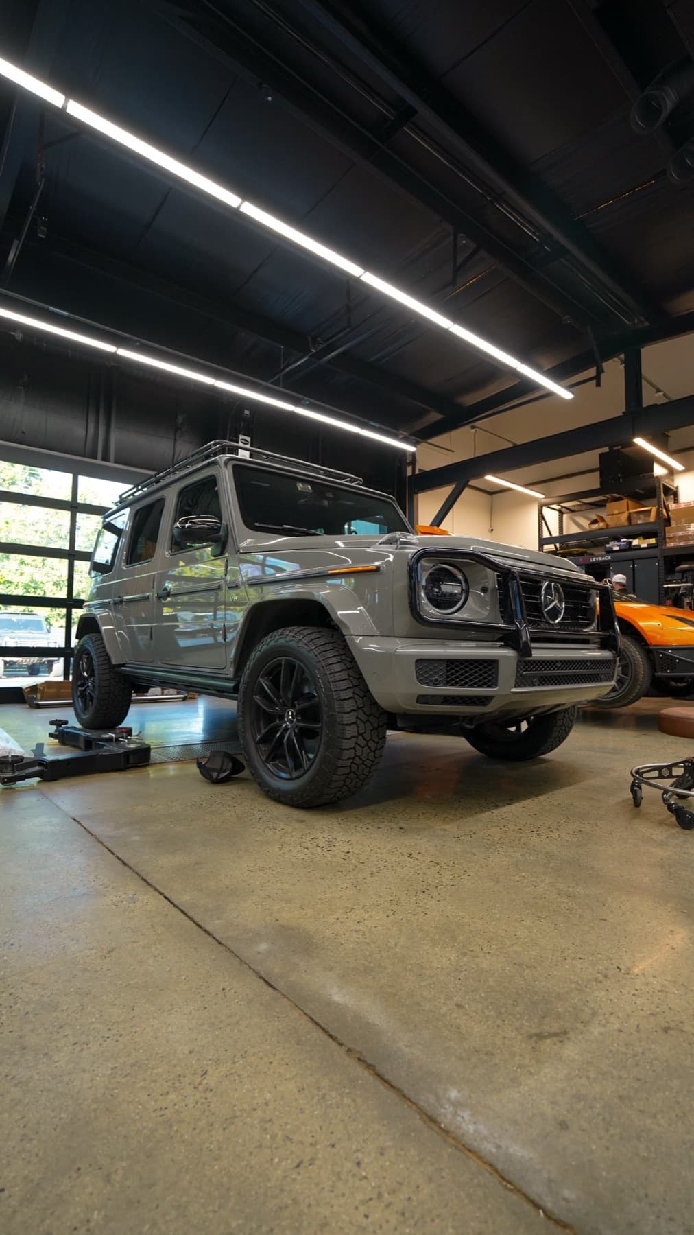 Grey Mercedes G-Wagen in the shop