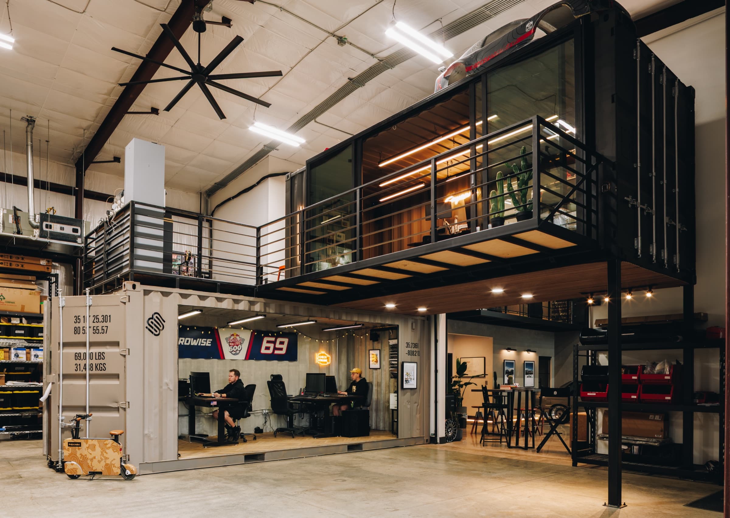 Inside the Eurowise shop, with the parts office built into a shipping container