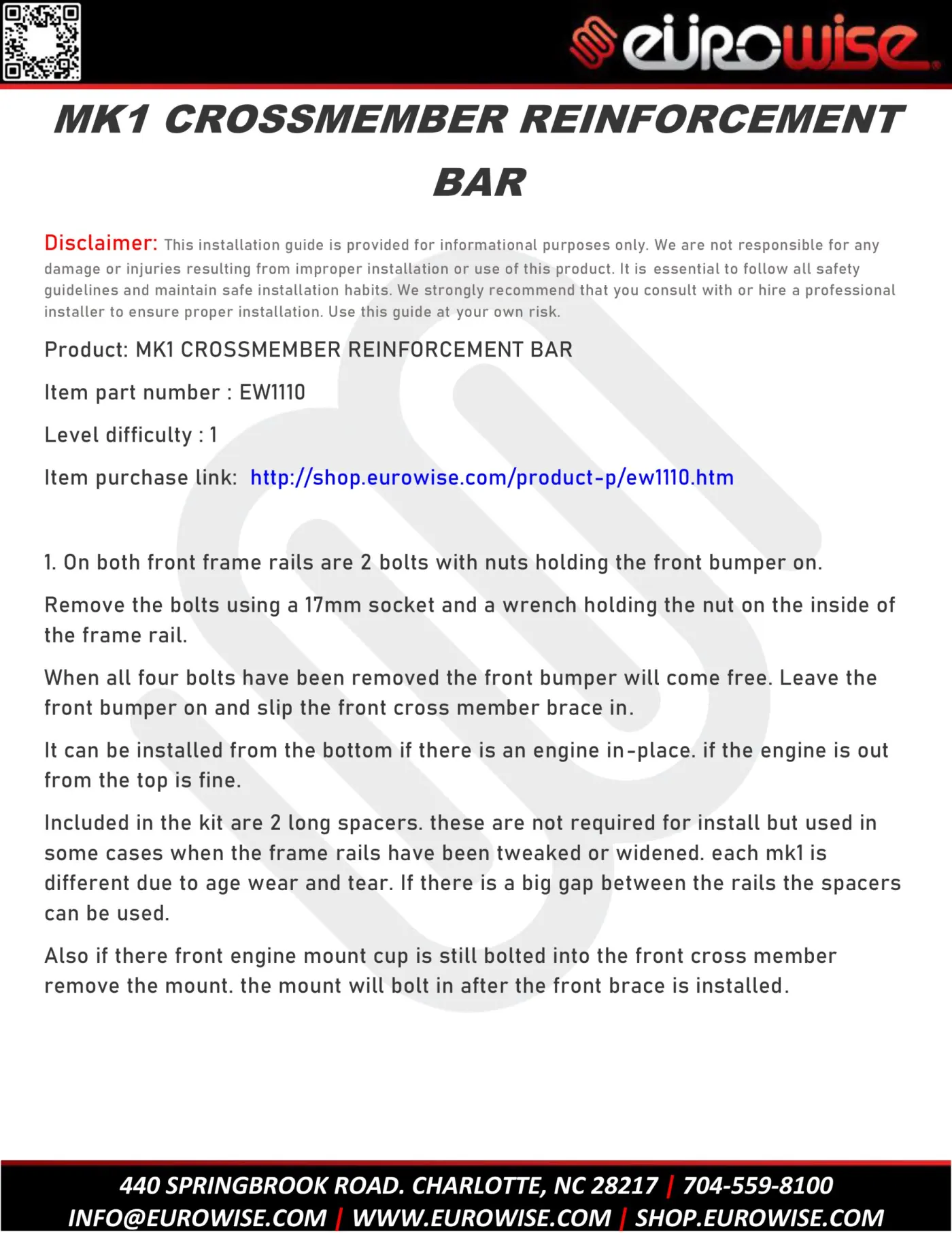MK1 CROSSMEMBER REINFORCEMENT BAR — page 1 of 2
